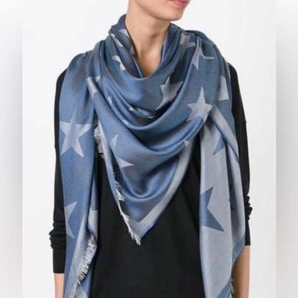 STELLA MCCARTNEY Blue Silk Scarf, Star ⭐️ Motif with Fringe Ends - Picture 14 of 14